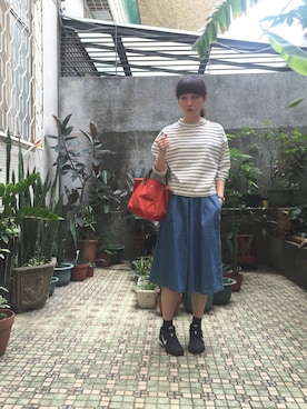 「アイテム（トートバッグ、オレンジ系）」を使った、DDさん（レディース・157cm）の春コーディネート