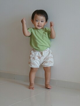 「arkakamaのアイテム（Pants、ホワイト系）」を使った、TakeMarinさん（キッズ・100cm）の夏コーディネート