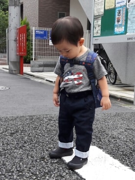 「Globalworksのアイテム（Pants、ブラック系）」を使った、TakeMarinさん（キッズ・100cm）の夏コーディネート