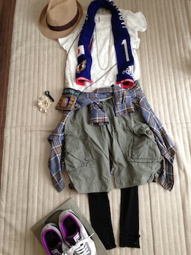 「アイテム（ボディバッグ/ウエストポーチ、ブルー系）」を使った、Aurora*さん（レディース・157cm）の夏コーディネート