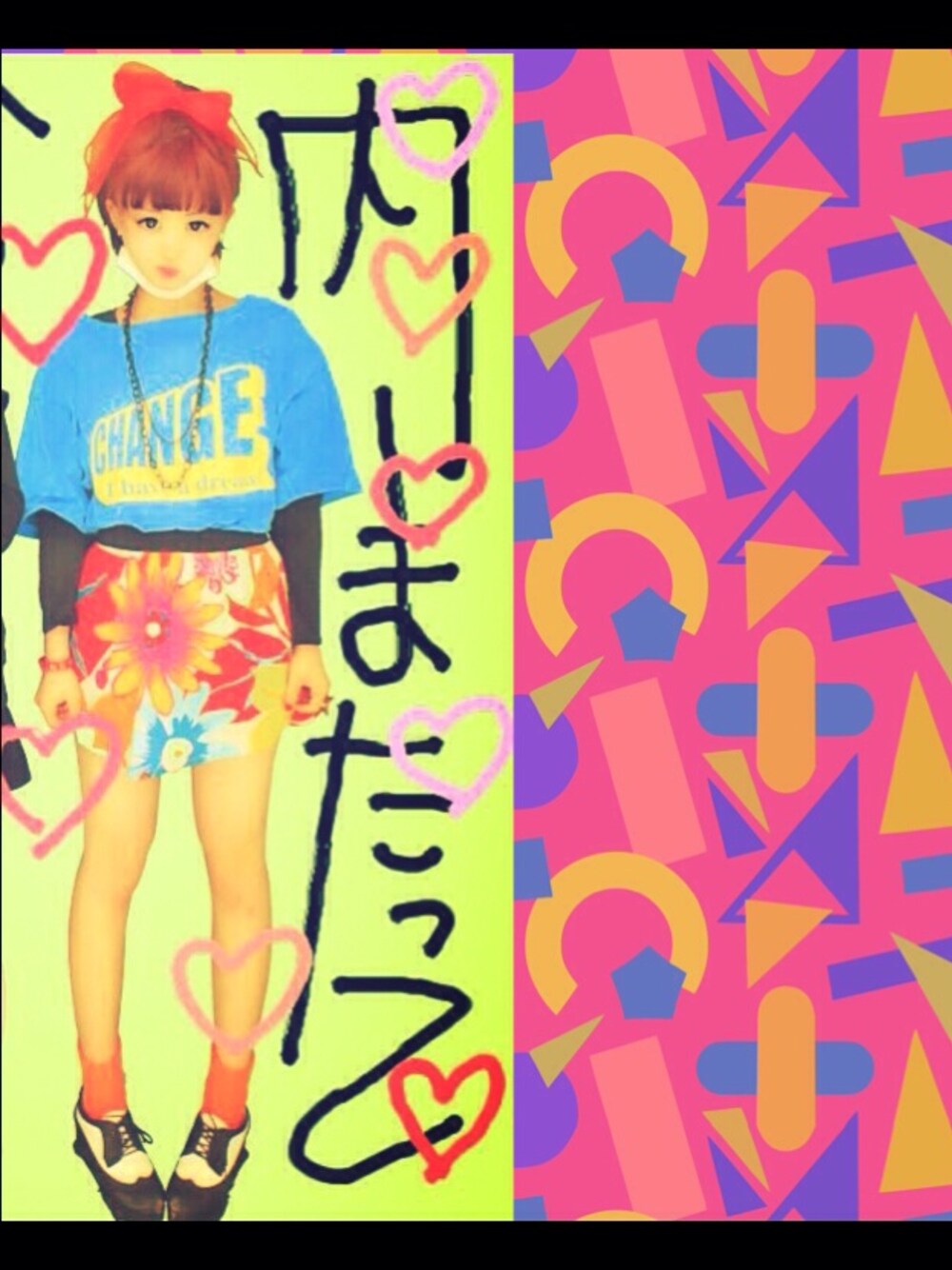 「古着、花柄、Tシャツ、カラフル、リボン」｜「EASTPAKのアイテム（バックパック/リュック、ブラック系）」を使った、チヒデさん（レディース・164cm）の冬コーディネートの1枚目の写真