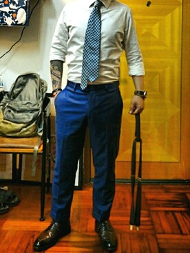 「アイテム（サスペンダー、ブラウン系）」を使った、reanimationitsujさん（メンズ・163cm）の春コーディネート