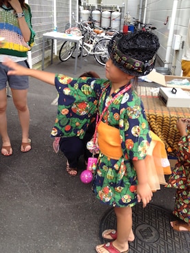 「アイテム（浴衣、グリーン系）」を使った、ETSUさん（キッズ・125cm）の夏コーディネート