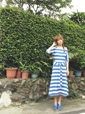 「If&n（イフアンドエヌ）のKnit stripe long dress（スカート、ブルー系）」を使った、心地のkōgōseiさん（レディース・170cm）の夏コーディネート
