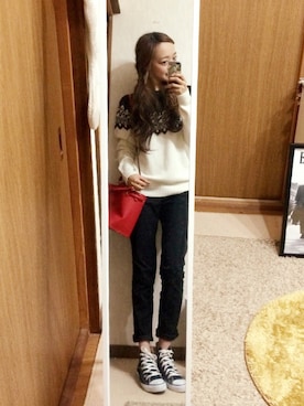 「GU（ジーユー）のアイテム（ニット/セーター、ホワイト系）」を使った、shyさん（レディース・167cm）の冬コーディネート