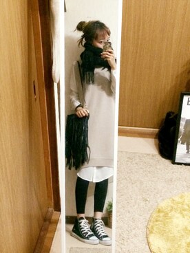 「LAGUNAMOON（ラグナムーン）のボトルネックベストレイヤードワンピース（ワンピース、ホワイト系）」を使った、shyさん（レディース・167cm）の冬コーディネート