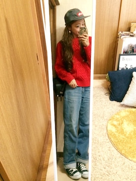 「CIAOPANIC（チャオパニック）の【Ciaopanic】　AC/Wアラン柄C/N（ニット/セーター、レッド系）」を使った、shyさん（レディース・167cm）の冬コーディネート