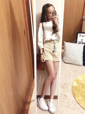 「LILY BROWN（リリーブラウン）のロープベルト付きショートパンツ（その他パンツ、ベージュ系）」を使った、shyさん（レディース・167cm）の春コーディネート