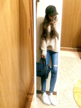 「select MOCA（セレクトモカ）の【GISELe５月号掲載アイテム】ひざクラッシュ加工ストレッチスキニーデニム（デニムパンツ、ブルー系）」を使った、shyさん（レディース・167cm）の春コーディネート