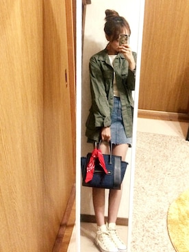 「Ungrid（アングリッド）の【Casual】ｳｫｯｼｭﾌｧﾃｨｰｸﾞｼﾞｬｹｯﾄ（ミリタリージャケット、グリーン系）」を使った、shyさん（レディース・167cm）の春コーディネート