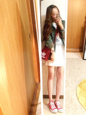 「Ungrid（アングリッド）の【Casual】ｳｫｯｼｭﾌｧﾃｨｰｸﾞｼﾞｬｹｯﾄ（ミリタリージャケット、グリーン系）」を使った、shyさん（レディース・167cm）の春コーディネート