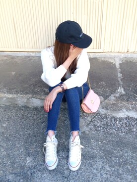 「MOUSSY（マウジー）のLINEN CAP（キャップ、ブラック系）」を使った、shyさん（レディース・167cm）の春コーディネート