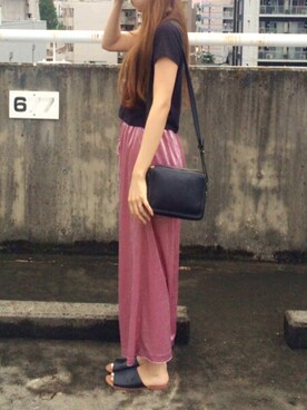 「one after another NICE CLAUP（ワンアフターアナザーナイスクラップ）のタッセルベルト付ワイドパンツ（その他パンツ、ピンク系）」を使った、shyさん（レディース・167cm）の夏コーディネート