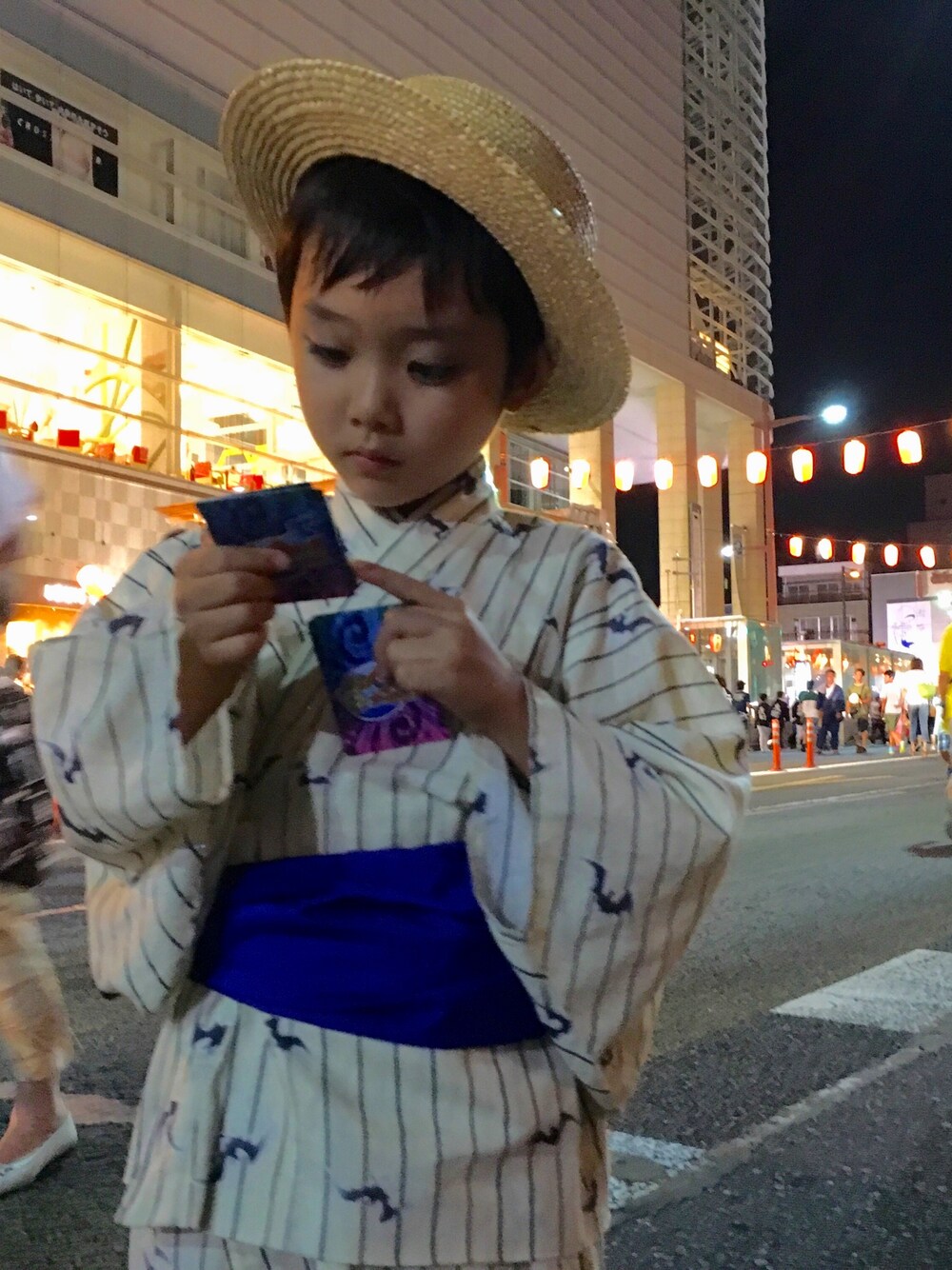 「kids、男の子、浴衣、おまつり、カンカン帽」｜「no brandのアイテム（浴衣、ベージュ系）」を使った、Ato…closetさん（キッズ・120cm）の夏コーディネートの1枚目の写真