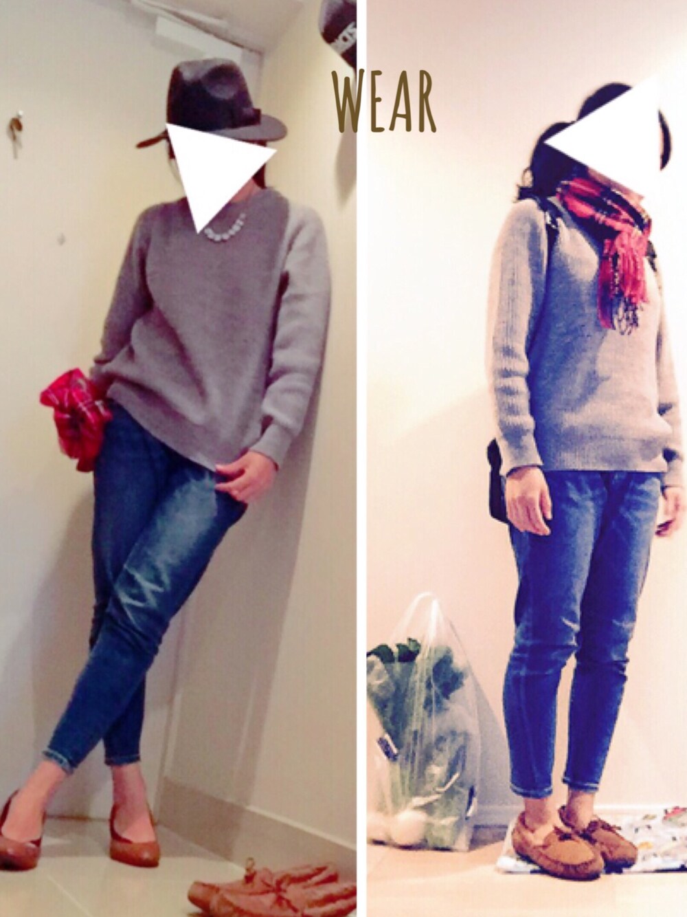 グレー系のニット/セーター、ブルー系のデニムパンツ、ブラウン系のパンプスを着用したレディースの秋コーディネートの1枚目の写真