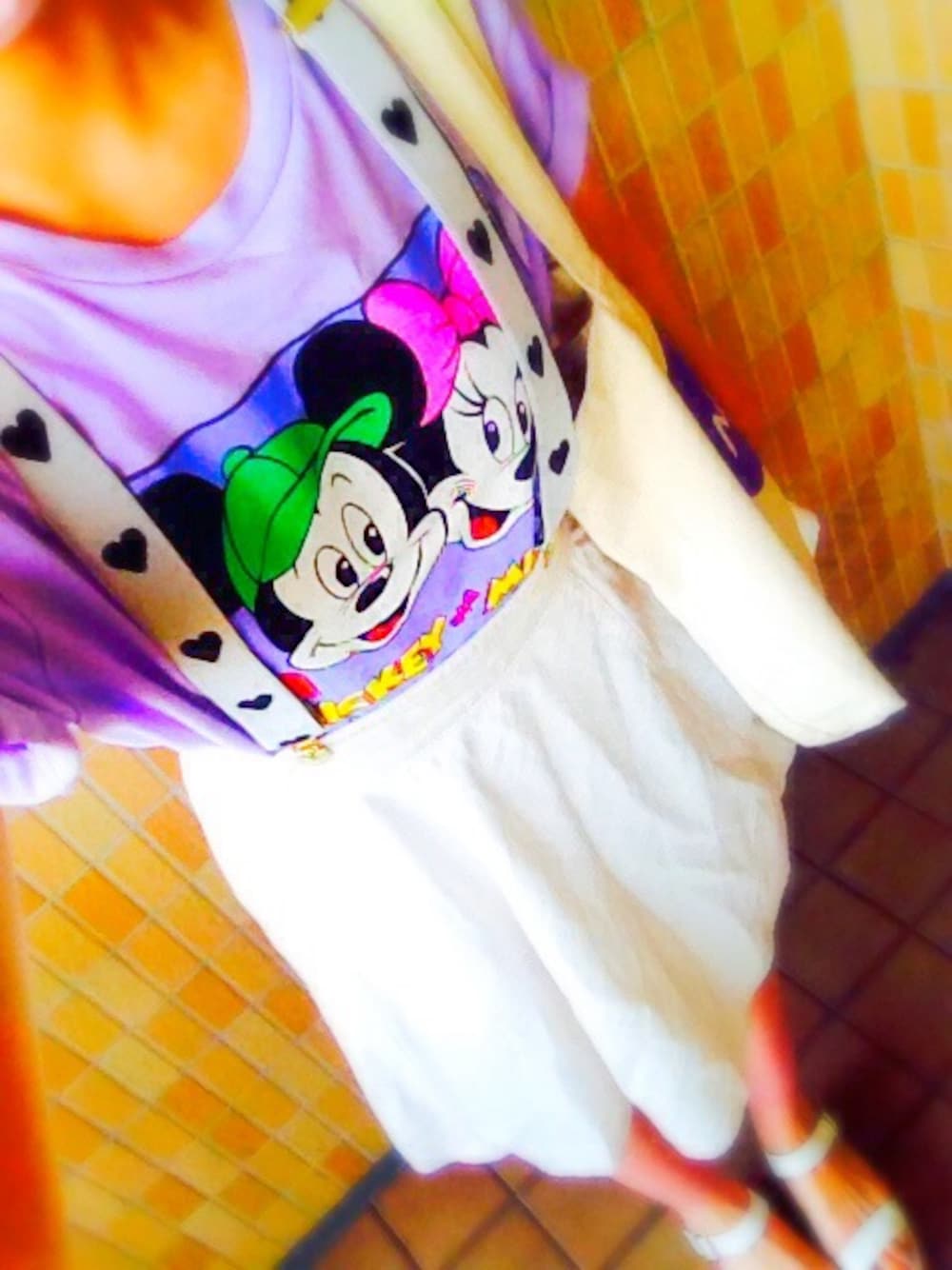「原宿系、ディズニー、お散歩、NADIA、ポップ、派手」｜「merry jennyのアイテム（Tシャツ/カットソー、パープル系）」を使った、yuniさん（レディース・163cm）の夏コーディネートの1枚目の写真