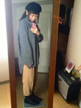 「ロングニット」｜「アイテム（ハンチング/ベレー帽）」を使った、meguさん（レディース・148cm）の冬コーディネート
