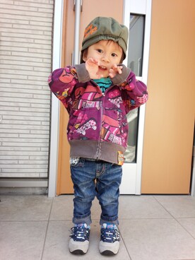 「JAM（ジャム）のアイテム（パーカー）」を使った、Tomomi Kanouさん（キッズ・80cm）の冬コーディネート