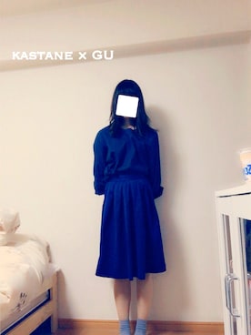 「Kastane（カスタネ）のボリューム袖トップス（Tシャツ/カットソー、ブルー系）」を使った、リ サさん（レディース・169cm）の春コーディネート