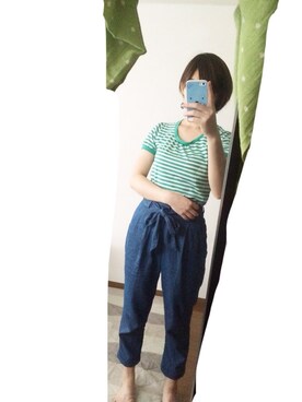 「古着のアイテム（Tシャツ/カットソー、グリーン系）」を使った、秋帆さん（レディース・153cm）の秋コーディネート