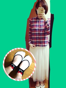 「古着のアイテム（シャツ/ブラウス、レッド系）」を使った、秋帆さん（レディース・153cm）の秋コーディネート