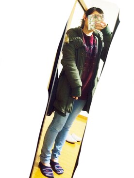 「貰い物のアイテム（ニット/セーター、レッド系）」を使った、秋帆さん（レディース・153cm）の冬コーディネート