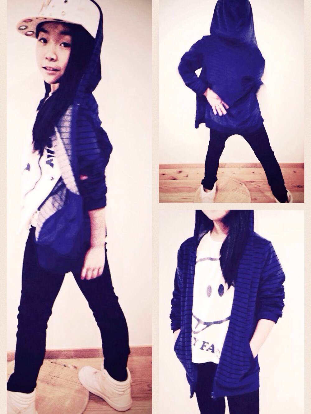 ブラック系のその他パンツ、ブルー系のパーカー、ホワイト系のスニーカーを着用したキッズの冬コーディネートの1枚目の写真