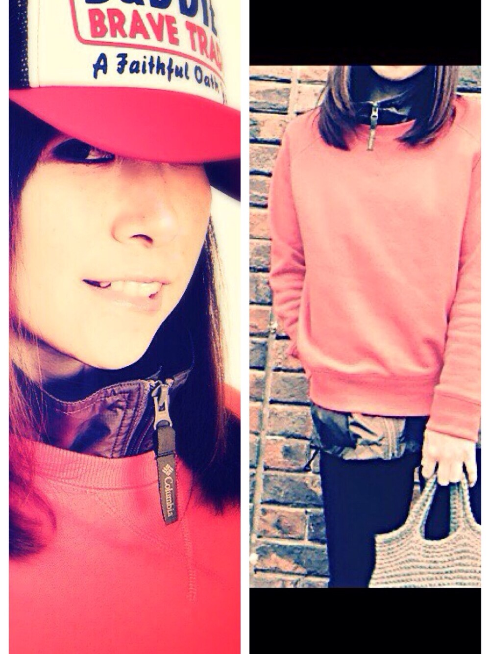 その他のベスト、ホワイト系のスニーカー、レッド系のスウェットを着用したレディースの冬コーディネートの1枚目の写真