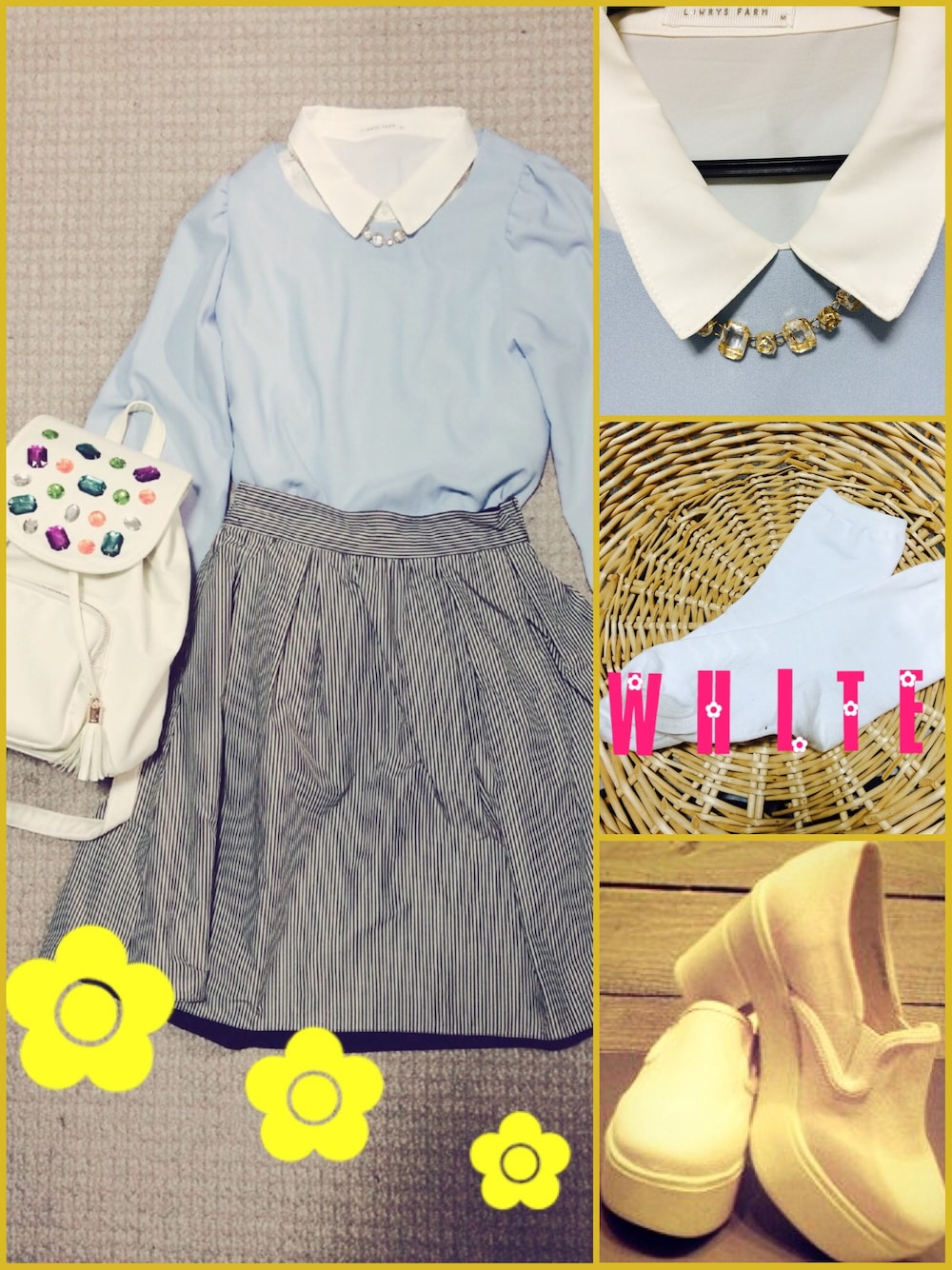 ホワイト系のシャツ/ブラウス、ホワイト系のその他シューズ、ブルー系のトップスを着用したレディースの春コーディネートの1枚目の写真