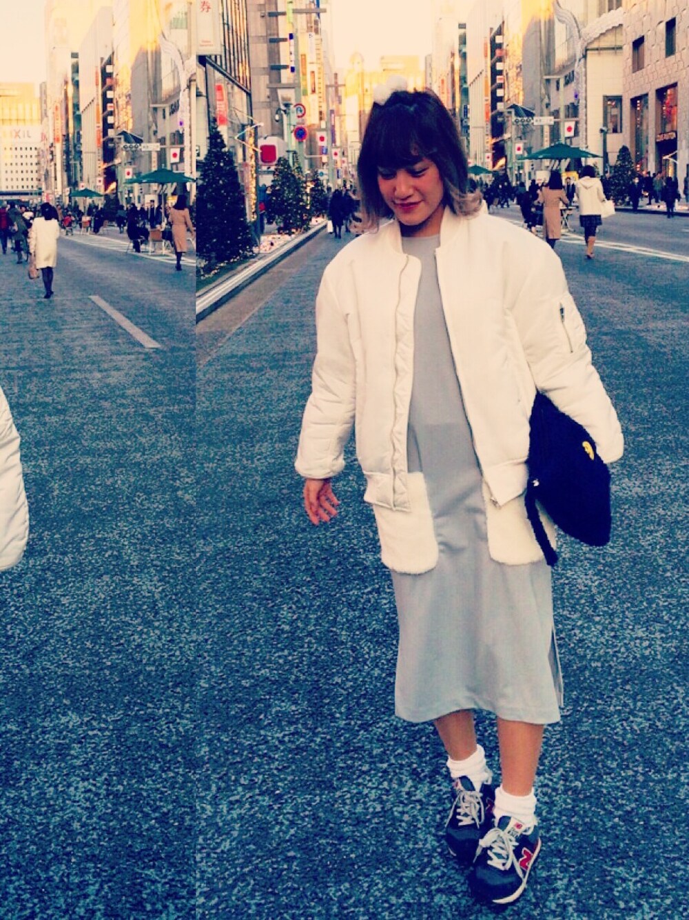 「休日スタイル、銀座、CATCOPY、MA-1」｜「G.V.G.V.のアイテム（ブルゾン、ホワイト系）」を使った、Honoka Kajiさん（レディース・160cm）の冬コーディネートの1枚目の写真