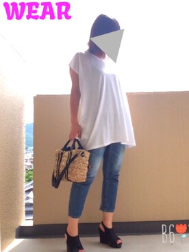 「niko and...（ニコアンド）のオリジナル ミニラインテープカゴバッグ【niko and...】（かごバッグ）」を使った、ゆあ。さん（レディース・158cm）の夏コーディネート