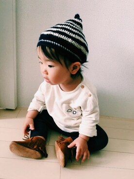 「Handmade（ハンドメイド）のアイテム（ニットキャップ/ビーニー、ブルー系）」を使った、ami_nさん（キッズ・70cm）の春コーディネート