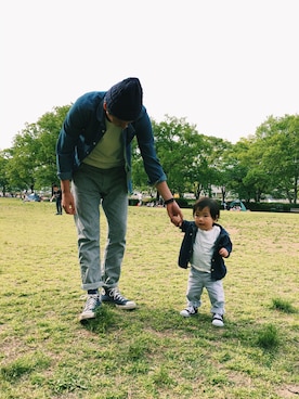 「GAP（ギャップ）のアイテム（シャツ/ブラウス、ブルー系）」を使った、ami_nさん（キッズ・70cm）の春コーディネート