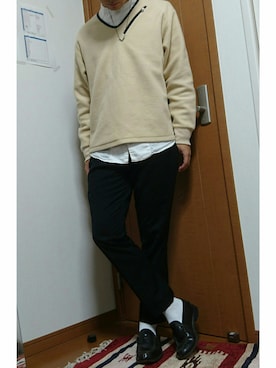 「ノーカラーシャツ」｜「アイテム（スウェット）」を使った、ちぇけらさん（メンズ・171cm）の冬コーディネート