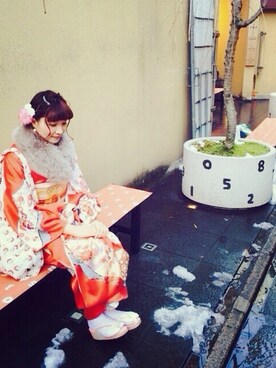 「アイテム（水着/着物・浴衣、レッド系）」を使った、ｈｉｔｏｍｉさん（レディース・158cm）の冬コーディネート