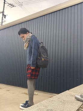 「アイテム（シャツワンピース、レッド系）」を使った、miyoさん（レディース・155cm）の冬コーディネート