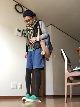 「アイテム（バックパック/リュック、ブルー系）」を使った、miyoさん（レディース・155cm）の秋コーディネート