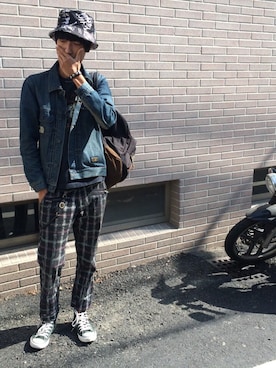 「REMIX（リミックス）のアイテム（キャップ）」を使った、Ed shu.さん（メンズ・181cm）の秋コーディネート