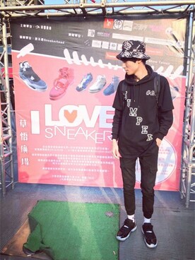 「REMIX（リミックス）のアイテム（キャップ）」を使った、Ed shu.さん（メンズ・181cm）の春コーディネート