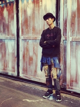 「REMIX（リミックス）のアイテム（帽子）」を使った、Ed shu.さん（メンズ・181cm）の春コーディネート
