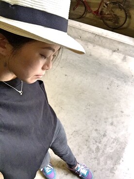 「GU（ジーユー）のアイテム（Tシャツ/カットソー、ブラック系）」を使った、KAMAさん（レディース・150cm）の夏コーディネート