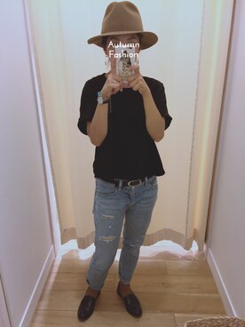 「GU（ジーユー）のアイテム（Tシャツ/カットソー、ブラック系）」を使った、KAMAさん（レディース・150cm）の夏コーディネート
