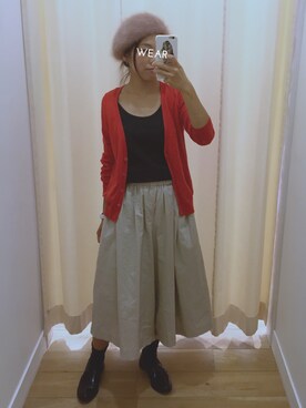「GU（ジーユー）のアイテム（カーディガン/ボレロ、レッド系）」を使った、KAMAさん（レディース・150cm）の秋コーディネート