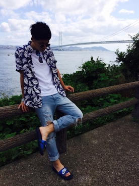 「no brand（ノーブランド）のアイテム（メガネ、ブラック系）」を使った、ROOTYさん（メンズ・175cm）の夏コーディネート