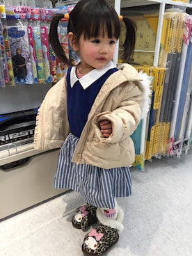 「ドッキングワンピ」｜「アイテム（ダウンジャケット/コート）」を使った、るう♡さん（キッズ・80cm）の春コーディネート
