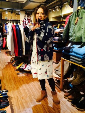 「柄×柄」｜「アイテム（ダウンジャケット/コート）」を使った、さゆるゆるさん（レディース・156cm）の秋コーディネート