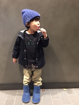 「無印良品（ムジルシリョウヒン）のアイテム（マウンテンパーカー）」を使った、mmさん（キッズ・100cm）の冬コーディネート