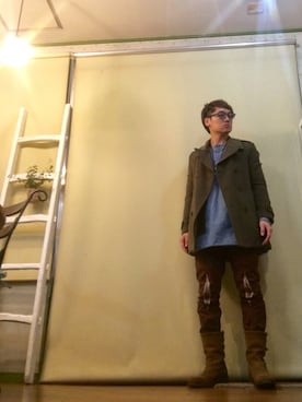 「デニムシャツ」｜「アイテム（ピーコート）」を使った、MUNEさん（メンズ・171cm）の冬コーディネート