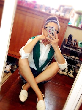 「LEPSIM（レプシィム）の★UVカット加工アイテム★【LEPSIM】12Gラミーコットンクルーカーディガン長袖　540423（カーディガン/ボレロ、グリーン系）」を使った、TSUNさん（レディース・162cm）の夏コーディネート