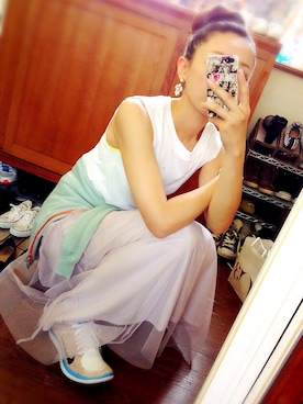 「ZARA（ザラ）のZARA ノースリトップス（Tシャツ/カットソー、ホワイト系）」を使った、TSUNさん（レディース・162cm）の夏コーディネート